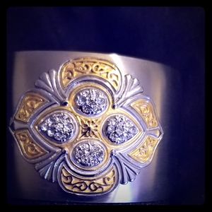 Silv/Gld and Crystal Stainless Steel Cuff Bracelet